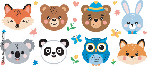 Photography Cute animal faces set with fox bear rabbit panda owl koala and colorful cartoon characters vector illustration collection for children’s products, educational materials and playful branding design