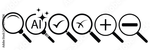 Set of minimalist magnifying glass line icons featuring AI search, zoom in, zoom out, checkmark, and cross symbols on a white background.