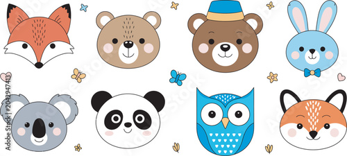 Photography Cute animal faces set with fox bear rabbit panda owl koala and colorful cartoon