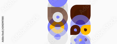 Abstract geometric shapes overlap, creating layered composition. Colors include purple, brown, yellow, white. Minimalist design, modern aesthetic.