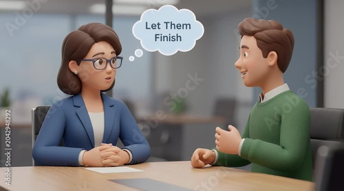 Animated characters discussing business ideas in office setting