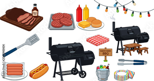 Large Collection of Backyard BBQ Elements with Smokers and Food