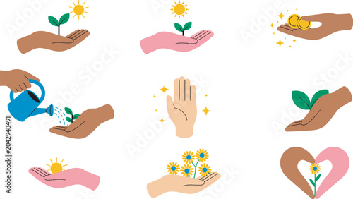 Photos Diverse hands holding and caring for growing plants and flowers with watering ca