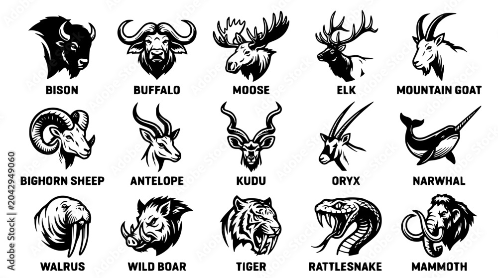 Obraz premium Black and white vector illustration of various wild animal heads