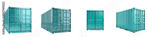 Teal metal shipping containers in different perspective angles on black