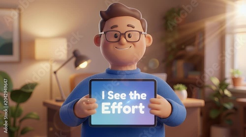 Animated male character holding tablet with text inside interior