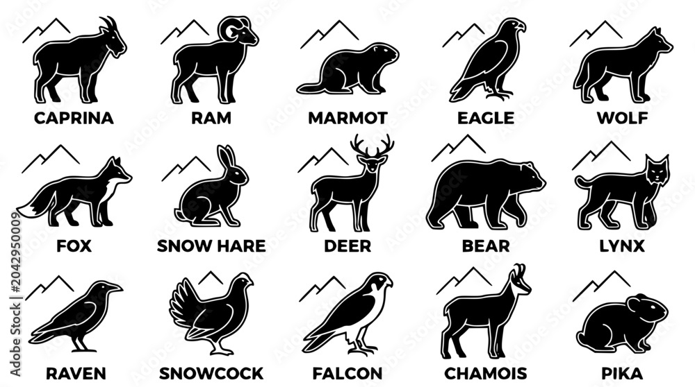 Fototapeta premium Black and white vector illustration of various mountain animals and birds
