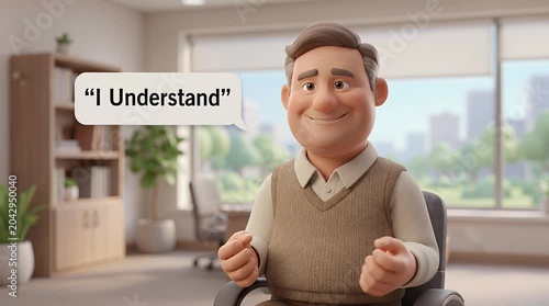 Animated man character expressing understanding in office setting