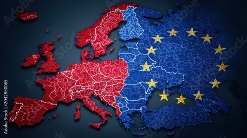 Map showing Europe divided with blue and red colors and European Union stars on the right side reflecting cultural and political boundaries