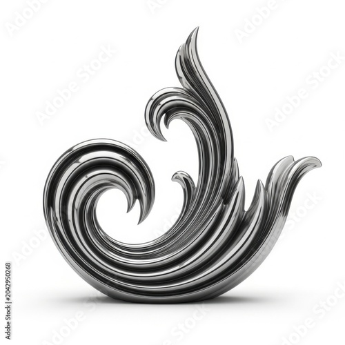 Shiny chrome metal scroll ornament with swirling decorative curves isolated on white background