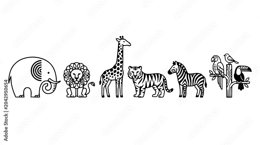 Obraz premium Black and white vector illustration of various wild animals together