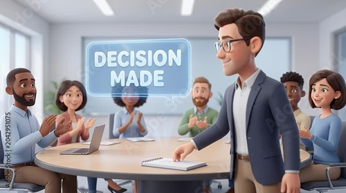 Animated team meeting with decision making process illustrated