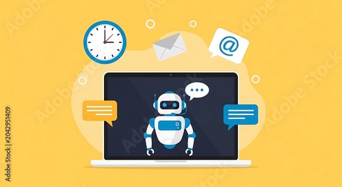 A robot interacts with a laptop displaying chat bubbles and icons on a yellow background with a clock.