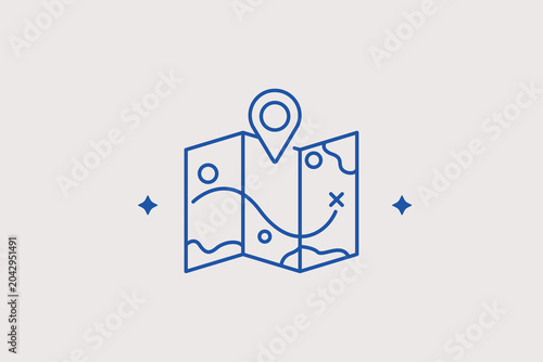 Cuadro en lienzo Folded paper map with pin pointer line icon for quest navigation for open world travel games