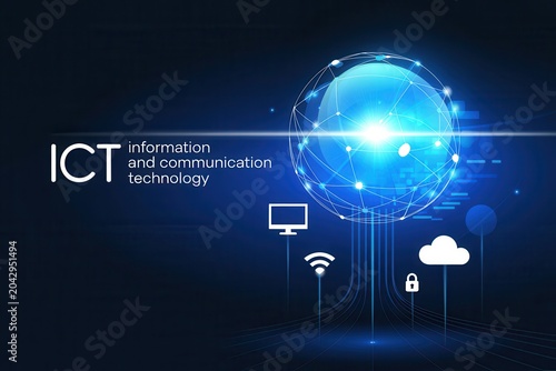 Information and Communication Technology ICT Concept with Glowing Digital Globe and Network Icons on Dark Blue Background