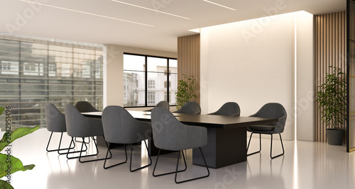 Black table and curved chairs on shiny white floor in glass wall meeting room at office's building
