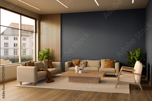 Beige sofa and chair and table on carpet on wooden floor beside blue wall and window in living room.