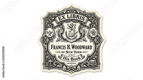 Monochrome bookplate sticker with Ex Libris text and ornate design