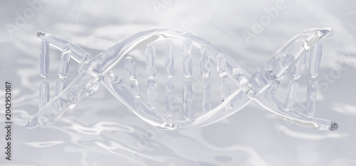 Foto Transparent liquid glass DNA helix strand structure on light white 3d background for scientific research presentation
