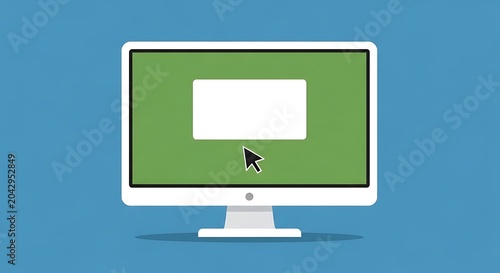 A computer monitor displays a green screen with a white rectangle and mouse cursor on a blue background.