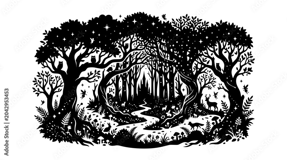 Fototapeta premium Magical Enchanted Forest Silhouette with Animals Fairies and Winding Path