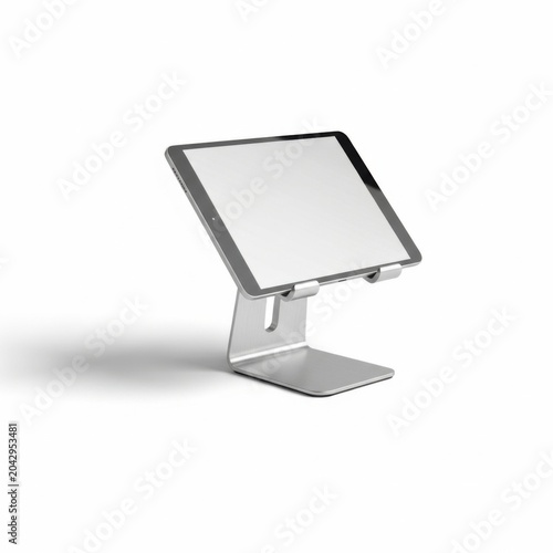 Silver metal tablet stand with a blank screen displaying a white background, for digital