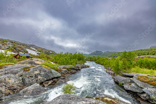 Photos Wild Mountain River Flowing Through Rocky Scandinavian Landscape
