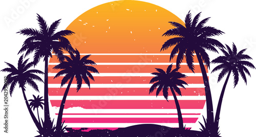 Retro 80s synthwave sunset palm tree vector t-shirt design.