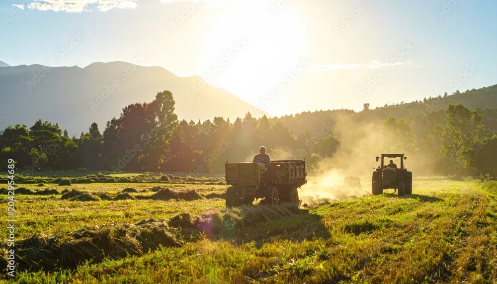 Fototapeta premium Farmer on tractor loading hay into trailer at sunset in rural field with mountains
