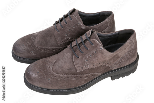 Photos Pair of men taupe suede brogue shoes isolated on white background