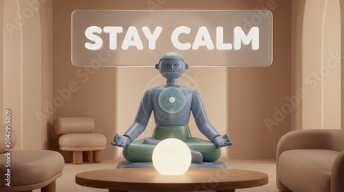 Meditating figure with illuminated orb and text in calming interior scene