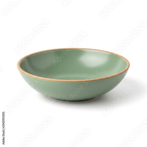 Simple sage green ceramic bowl with a natural brown rim on a clean white background