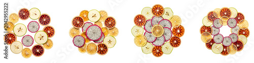 Vibrant Dried Fruit Slices Arranged in Circular Patterns on Black Background