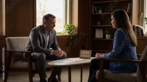 Professional discussion between two people indoors communication dialogue