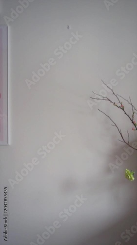 Young woman hanging a framed picture on a wall
