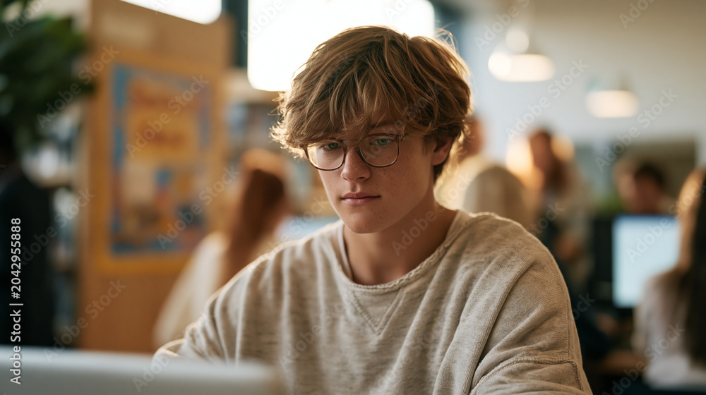 Obraz premium Teenager at school laptop frustrated by forgotten digital identity password at library terminal, IT help desk staff working through remote access recovery steps, back-to-school week bulletin board d