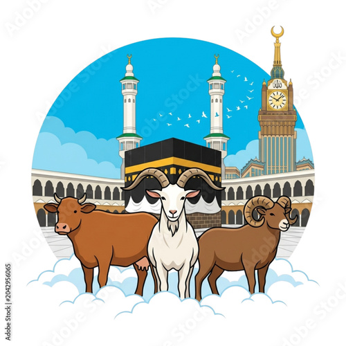 Tableau sur toile Circular Eid al-Adha Graphic with Kaaba and Livestock