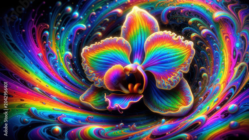 Orchid flower vibrant rainbow orchid blooms on swirling abstract desktop wallpaper creating joyful colorful energy and soft glow