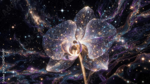 Orchid flower glowing ethereal orchid blossom sparkles like galaxy on dark desktop wallpaper evoking wonder and calm