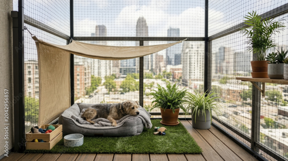 Obraz premium Cozy dog balcony haven with city views, featuring a soft bed, hammock, and artificial grass for comfortable urban pet living.