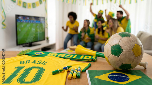 Brazilian football fans celebrating a goal at home with a soccer ball and jersey