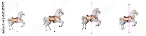 White carousel horse figures with rose gold saddles isolated on black