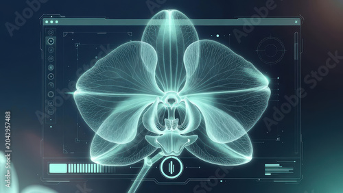 Orchid flower desktop wallpaper glowing botanical anatomy with futuristic holographic interface and soft teal lighting evoking calm focus