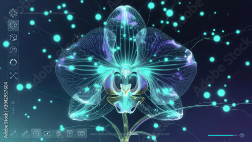 Orchid flower desktop wallpaper glowing neon orchid bloom with delicate veins and floating light particles evoking calm futuristic beauty