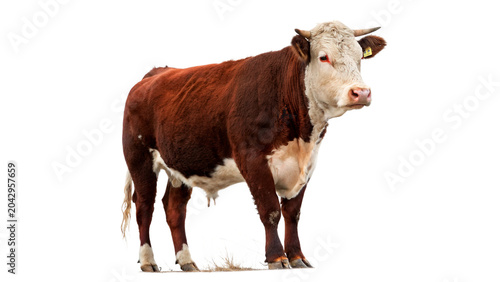 Domestic dark brown and white cow standing in profile on transparent background