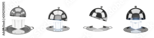 White gift boxes on silver serving trays with metal cloche lids