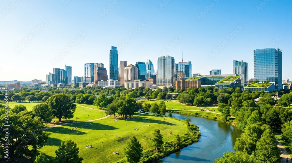 Obraz premium Austin Texas skyline with modern skyscrapers and green urban park overlooking river for travel tourism and city development