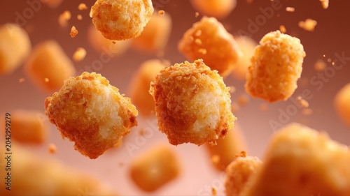 Golden crispy tater tots floating in the air against a warm backdrop, showcasing their texture and shape during a food shoot