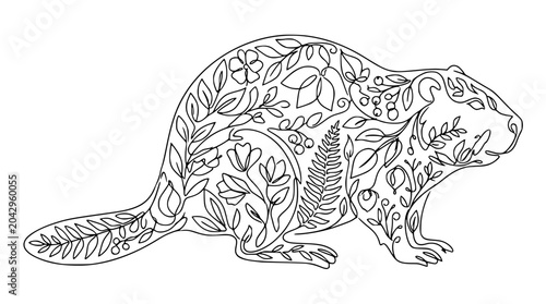 Minimalist Beaver Silhouette Line Art with Floral and Botanical Patterns