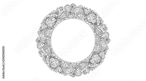 Ornate Circular Paisley and Floral Line Art Frame for Coloring Page